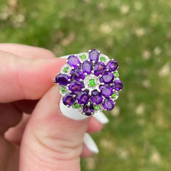 Amethyst and Chrome Diopside Cluster Ring Size 7.75 on Silver & 14k Gold Plating - Picture 3 of 7